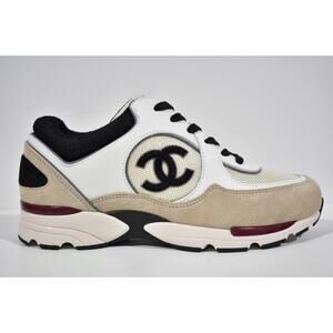 Chanel 22S White Ivory Beige Black CC Logo Tie Flat Runner Trainer Sneaker 41.5
